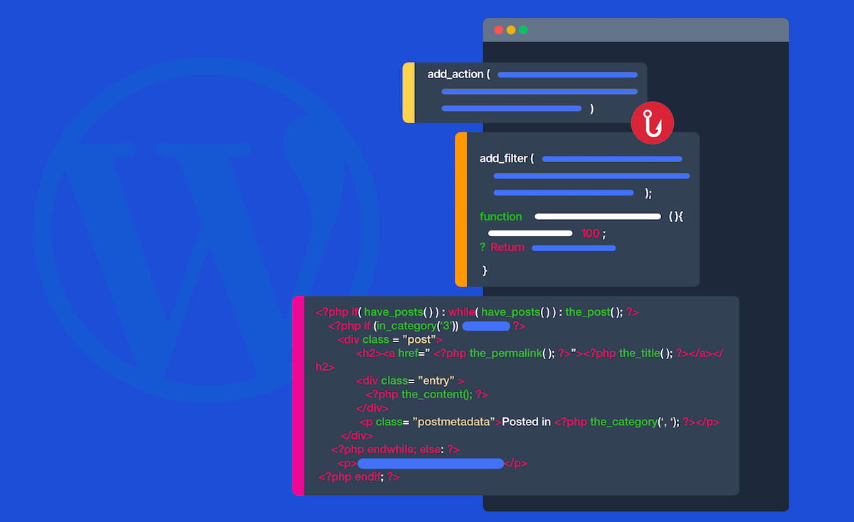 Interface d'un site WordPress avec des éléments du backoffice et un morceau de code en arrière plan