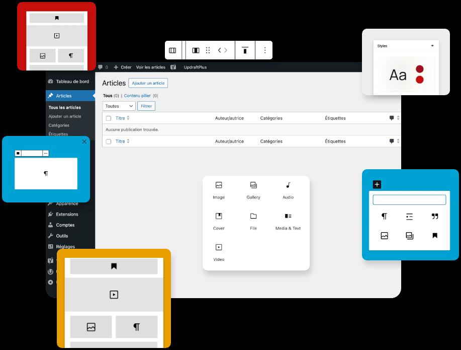 back office de WordPress avec quelques-uns de ses éléments style, image ou gallery